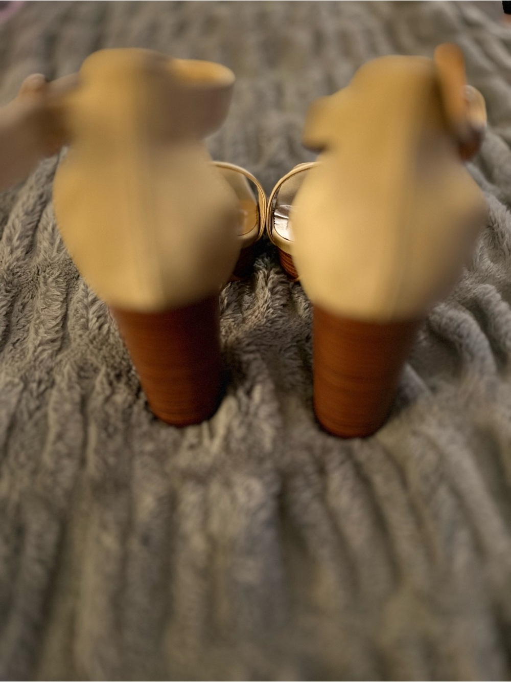 BAMBOO Beige Block Heel Sandals with Brown Stacked Heel